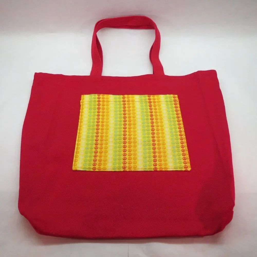 Red Canvas Tote with Rainbow Peace Sign inner pouch 2-piece set NEW